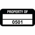 Lustre-Cal PROPERTY OF Label, Polyester Black 1.50in x 0.75in  1 Blank Pad & Serialized 0501-0600, 100PK 253772Pe2K0501